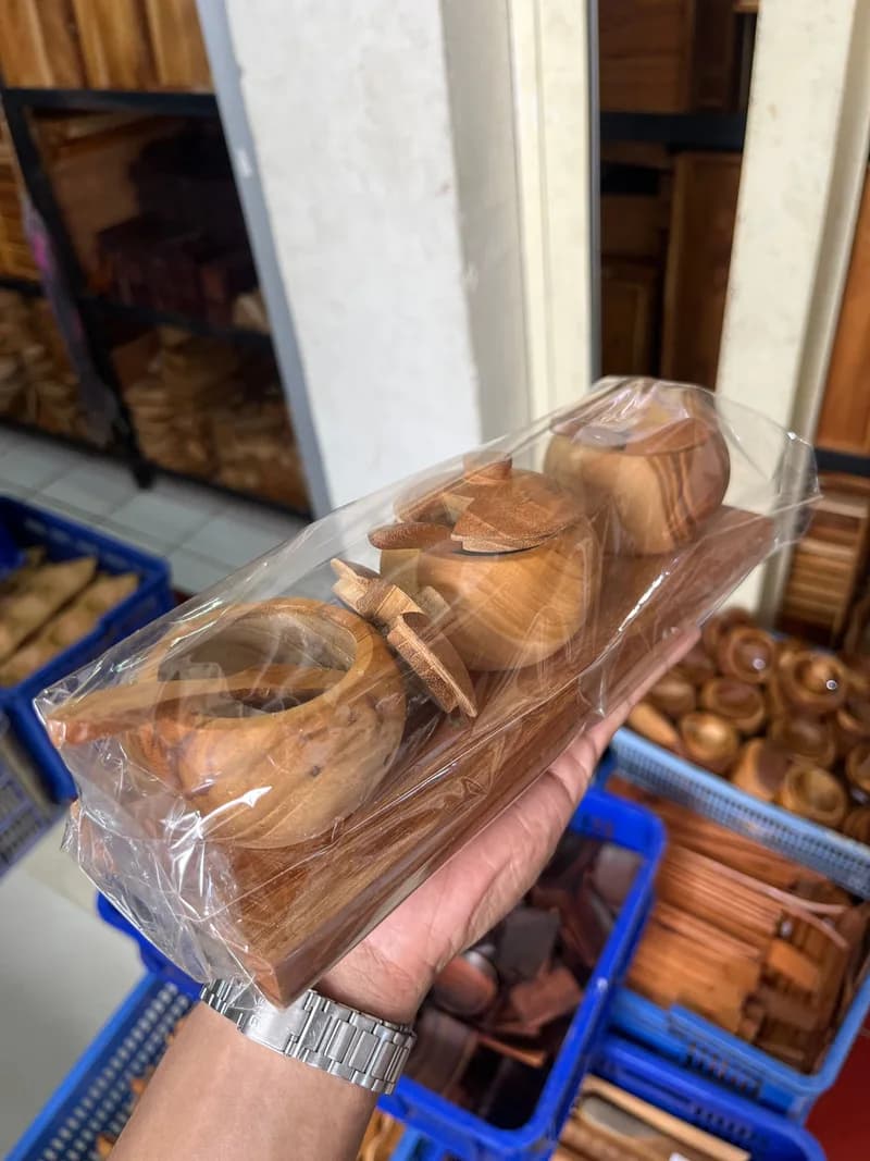 Wooden Container For Sambal, Coconut Shaped (3 Piece) made from Wood Base - Balinese Arts & Crafts (view 2) - thumbnail