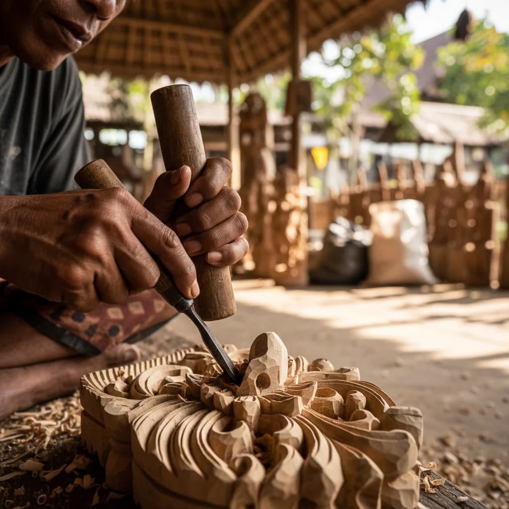 Curated Balinese interior with handcrafted furniture