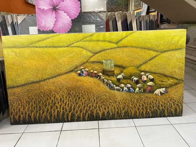 Stylized Rice Fields With Village Path And Stone Details